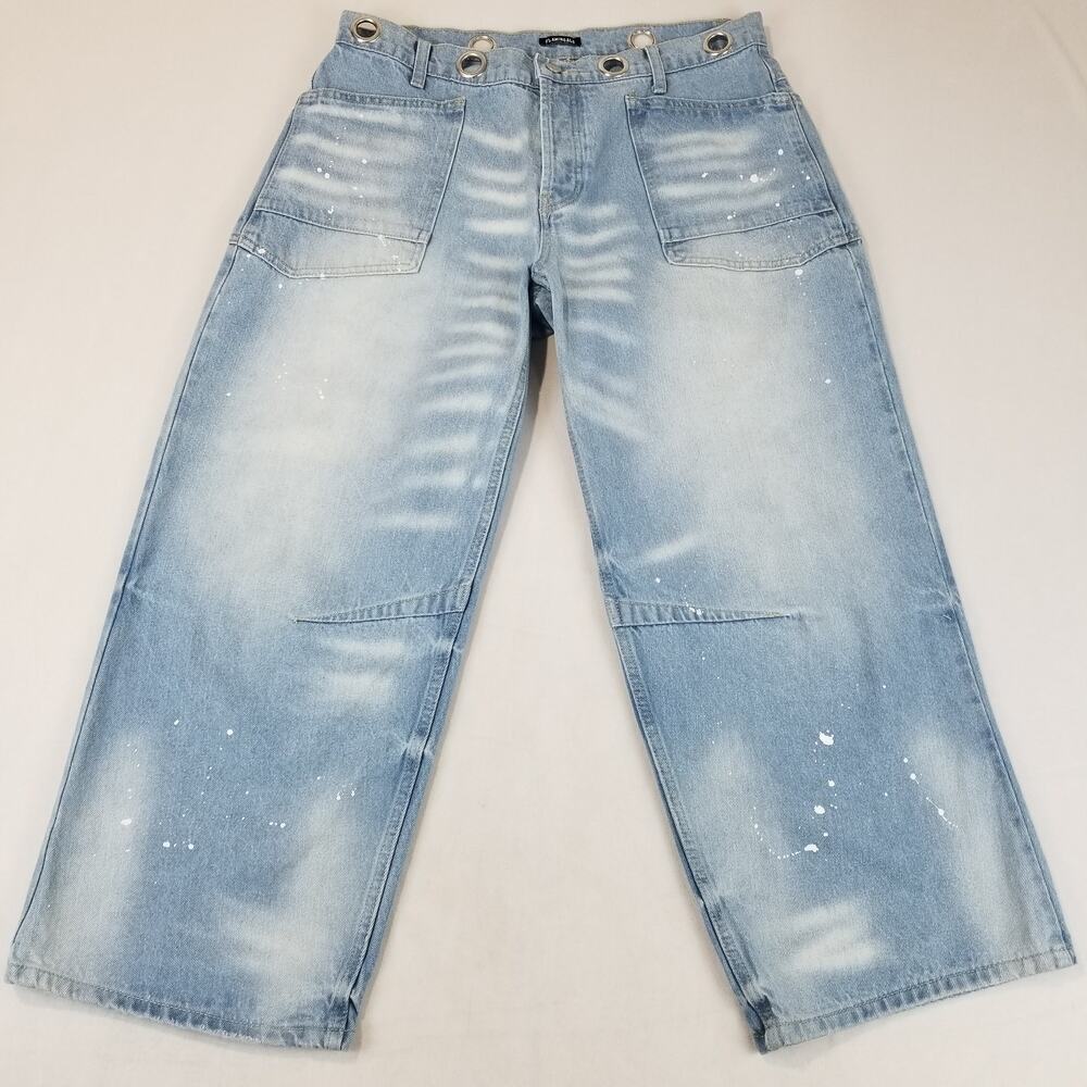 Flamingals Jeans Womens XL Moxie Barrel Low Slung Paint Splatter Grommet Tie - Picture 2 of 12